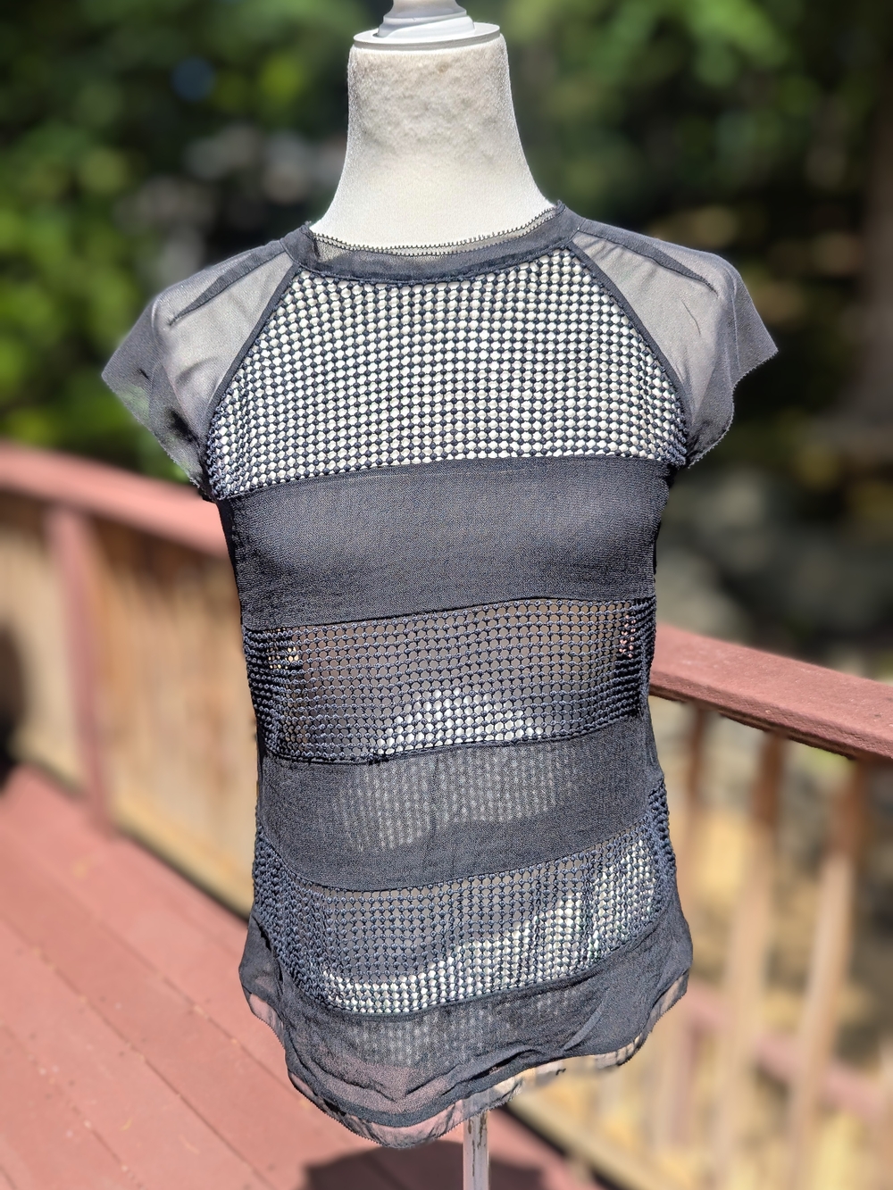 Delicate Karen Millen Black Mesh Panelled Cap Sleeve Top